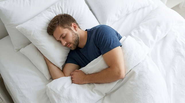 World Sleep Society, World Sleep Society,Young man sleeping peacefully in a comfortable bed with white linens and pillows in a bright bedroom during daytime