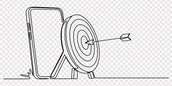  hit target on mobile with arrow. Continuous line art, transparent background, Continuous one single line drawing of smartphone and arrow hitting target mark. Arrow exactly into goal of dartboard. pro