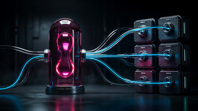 Computer water cooling system with reservoir and six fans, pink and blue illuminated tubes