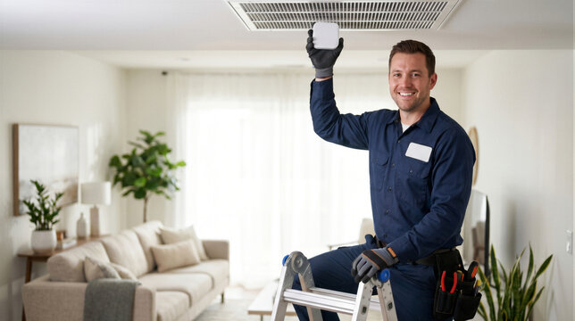 Professional hvac technician installing a smart sensor on a ceiling air conditioning vent in a modern living room
