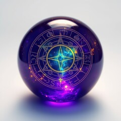 Fototapeta premium Mystic orb displays celestial symbols, galaxy inside. Purple sphere reflects starlight, intricate design radiates energy.
