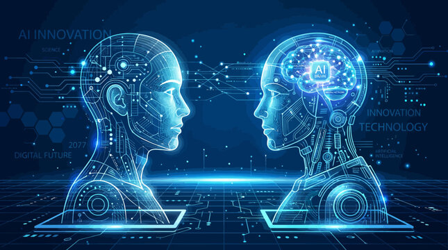 Two digital humanoid heads facing each other in a futuristic network environment