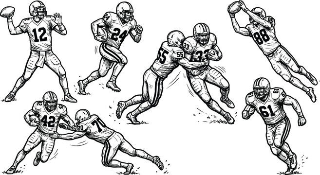 American football players in action sketch illustration