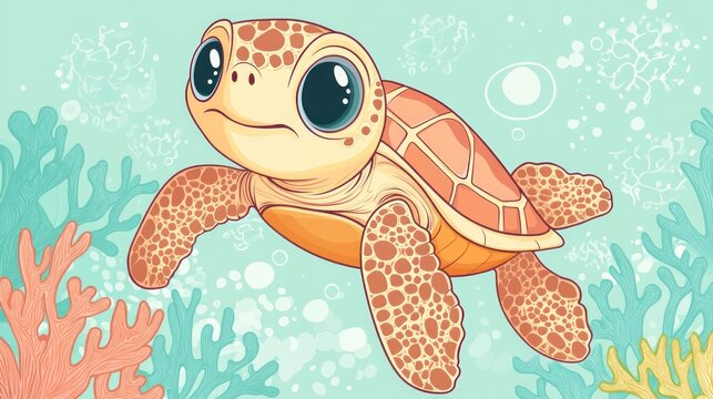 Cute cartoon sea turtle swimming in coral reef with bubbles and textured background