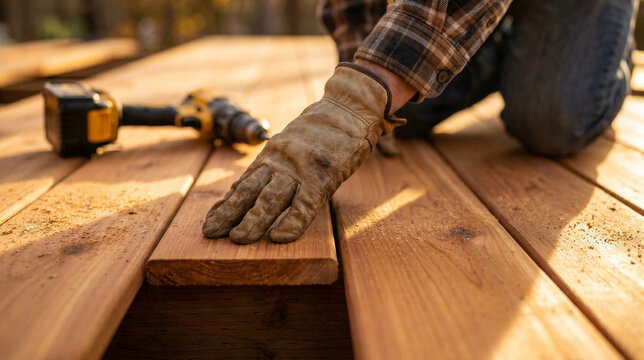 Closeup of a construction worker wearing work gloves installing wooden deck boards with a cordless power drill in a backyard setting