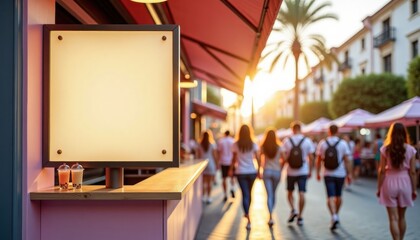 Obraz premium Empty billboard with copy space on busy street in warm sunset
