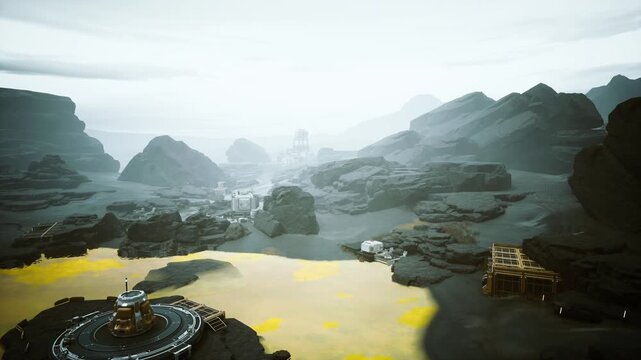Misty alien valley with yellow pools, foggy rocky terrain and cratered plateaus, scattered research outpost and circular platform beside sulfur lagoon,