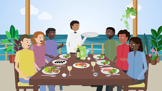 Happy diverse friends enjoying outdoor dinner party at beach restaurant 2D animation character vector flat design social gathering celebration