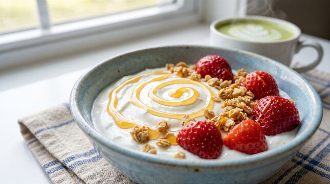 Bowl of greek yogurt with granola, fresh strawberries, and a honey swirl, served with a cup of matcha latte on a rustic kitchen table