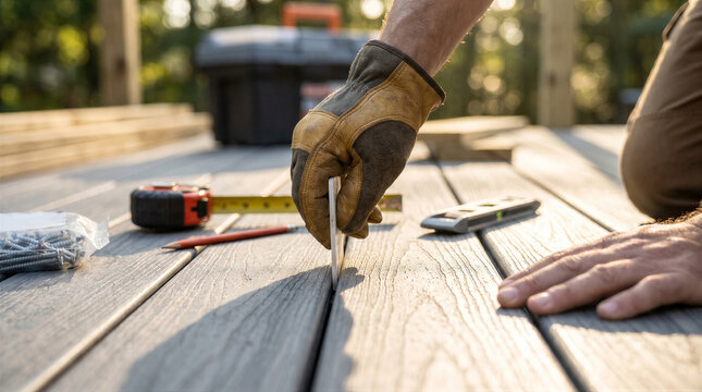 Closeup of a construction worker installing composite decking boards with a hidden fastener spacer tool on a sunny outdoor deck project