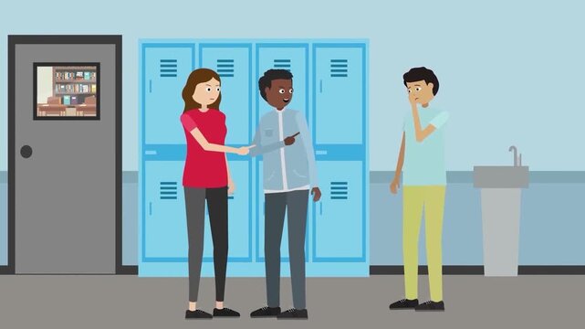 High school students talking by lockers in hallway corridor flat 2D animation vector character motion graphics education college concept loop
