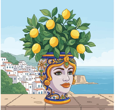 Traditional Sicilian Moor's Head Ceramic Vase with Lemon Tree and Coastal Mediterranean Background