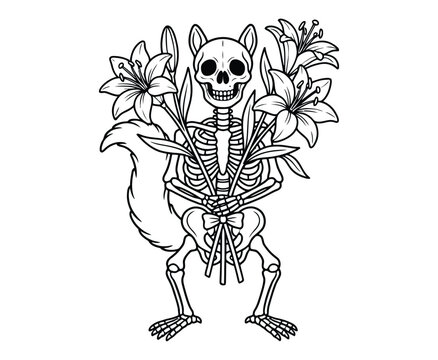 Squirrel skeleton standing and holding bouquet of lilies for halloween coloring book page.