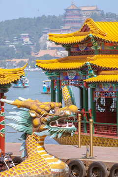 Traditional Dragon boat and imperial architecture at the Summer Palace, Beijing, China