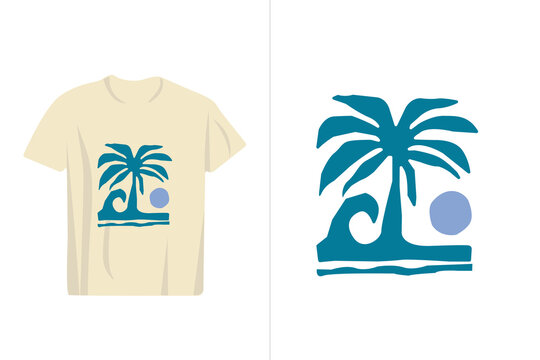 Minimalist t-shirt design featuring a palm tree, wave, and sun graphic