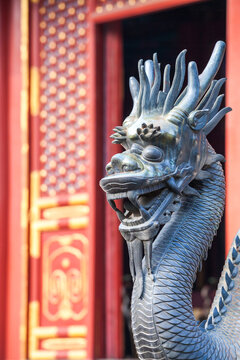 Ornate dragon statue and traditional imperial architecture at the Summer Palace, Beijing, China