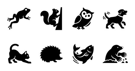 Obraz premium Set of 8 Black Silhouette Animal Icons: Frog, Squirrel, Owl, Dog, Cat, Hedgehog, Fish, Mole