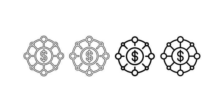 Money wheel with connected nodes representing financial network transactions and currency exchange in business.