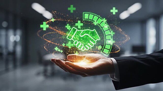 Businessman's hand displaying a digital handshake for global business partnership, collaboration, and agreement, emphasizing mutual trust, innovation, ethical growth, and social responsibility in a...