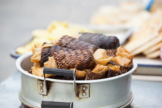 Traditional Chinese meat rolls served as street food in Pingyao, Shanxi, China