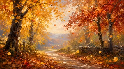 Fototapeta premium Sunlit Autumn Forest Path with Orange Leaves and Golden Mist