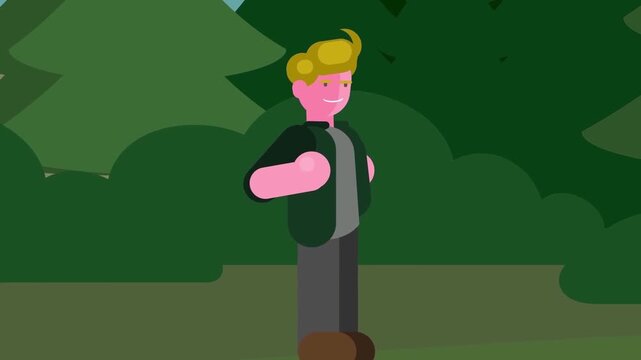 Businessman standing alone in dark green forest looking lost flat 2D animation vector character motion graphics professional burnout concept loop