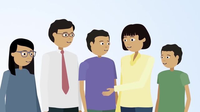 Happy family of five standing together looking forward flat 2D animation vector character motion graphics parents children portrait background loop