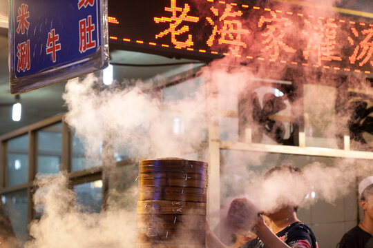 Hot steam rising from dumplings in the muslim quarter, Xi'an, Shaanxi, China