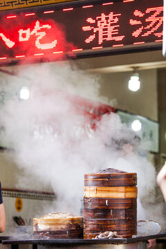 Street vendor steaming dumplings in Xi'an, Xi'an, Shaanxi, China