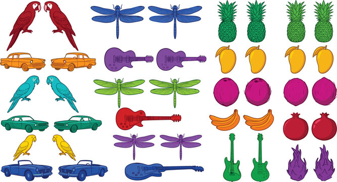Large collection of colorful cartoon object pairs featuring parrots dragonflies cars guitars and tropical fruits vector illustrations.