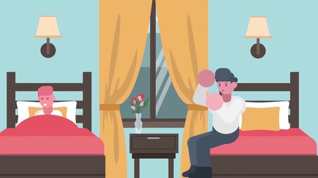 Angry man sitting on bed in hotel room having relationship fight flat 2D animation vector character motion graphics conflict divorce concept loop