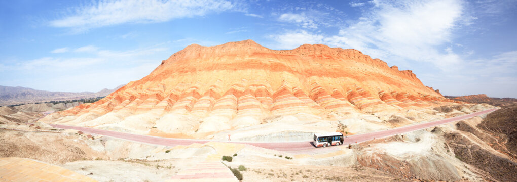 Panoramic view of the canyon at the Linze Danxia landform, Zhangye, Gansu, China