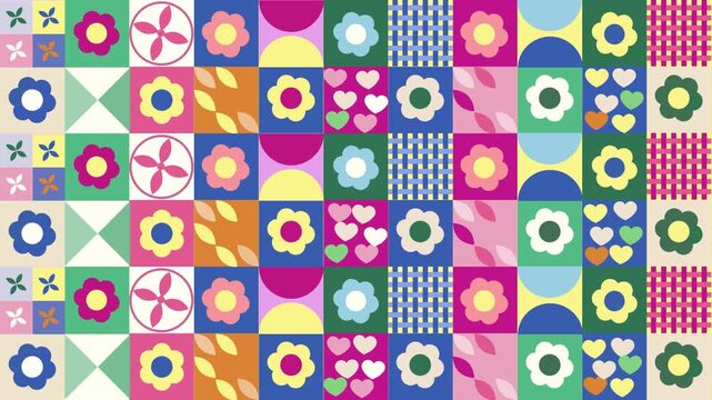 Animated Retro Grid Motion Graphic with Changing Flowers and Hearts, Vibrant Pastel Patchwork Seamless Loop Video. Cute Colorful Geometric Quilt Floral Kawaii  Looping Motion Grid Video Backdrop