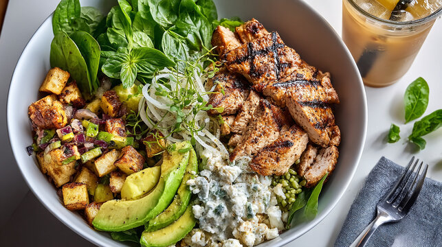 Healthy chicken salad bowl with avocado grilled chicken and greens nutrition vegetable