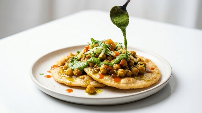 Trinidad Doubles with Bara and Curried Chickpeas on White Plate | Caribbean Street Food Stock Photo