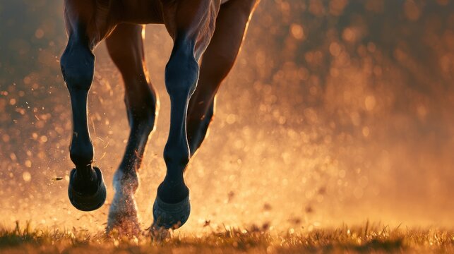 芝を蹴り上げて疾走する競走馬の脚部マクロ写真｜スピード・挑戦・パフォーマンスのコンセプト