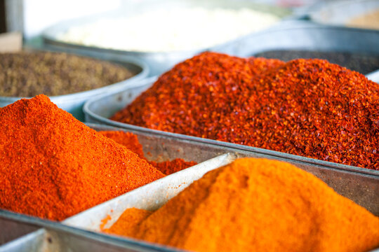 Chili pepper powder for sale at local market, Dunhuang, Gansu, China