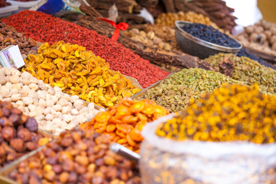 Dried fruit and raisins for sale at local market, Dunhuang, Gansu, China