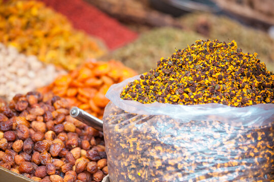 Tea and spices at local street market, Dunhuang, Gansu, China