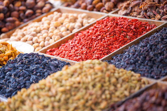 Dried raisins for sale at local market, Dunhuang, Gansu, China