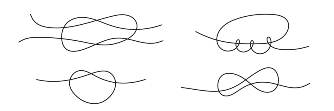 Set of line art simple knots and bow of ropes with loops. Vector illustration