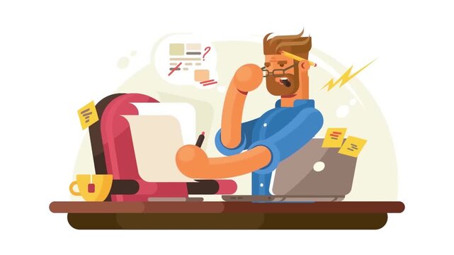 Stressed male entrepreneur working late at office desk with multiple tasks flat 2D animation vector character motion graphics corporate burnout loop