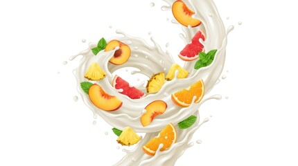 Fototapeta premium A heart-shaped arrangement of fresh fruits in milk, including peaches, oranges, and pineapple, splashing in a white background, evoking a sense of joy and abundance.