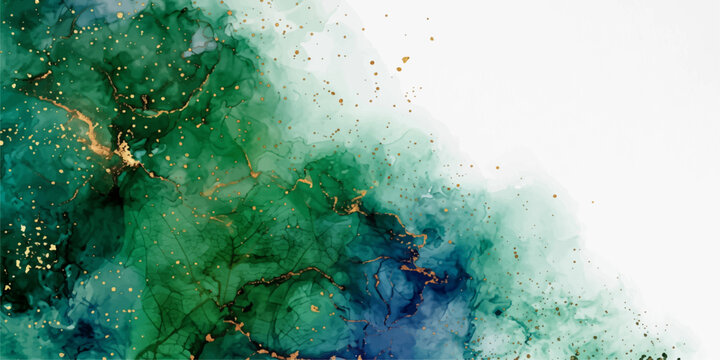 Emerald Depths: A swirling abstract of emerald green and deep blue hues, interspersed with shimmering gold flecks, evokes a sense of mystery and cosmic wonder.