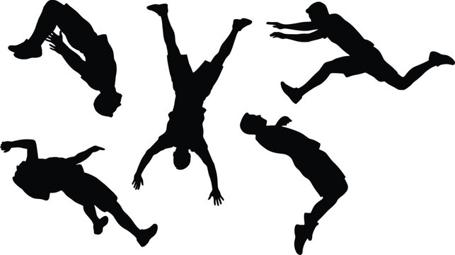 Silhouette of five people jumping and flipping in mid air