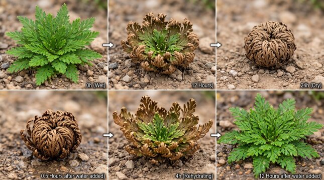 Resurrection plant curling and reviving in dry desert soil with green foliage
