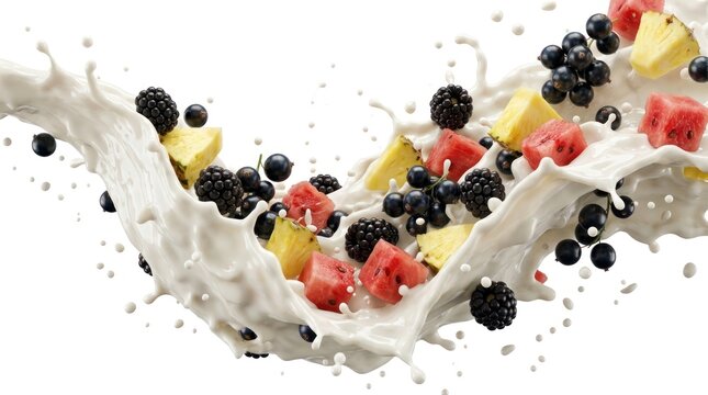 A burst of milk splashes around a variety of fresh fruits, including blackberries, watermelon, and pineapple chunks, all set against a white background.