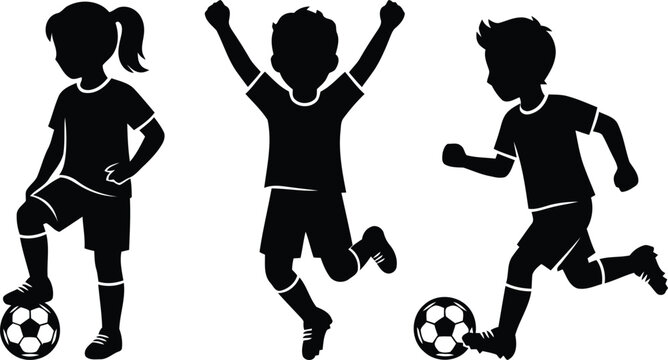 Youth soccer players silhouette girl dribbling boy celebrating and player running