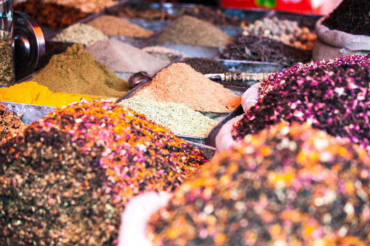 Chili peppers and spices for sale at the bazaar in Kashgar, China
