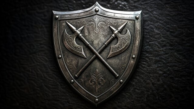 Heraldic shield emblem with crossed polearms on leather background.